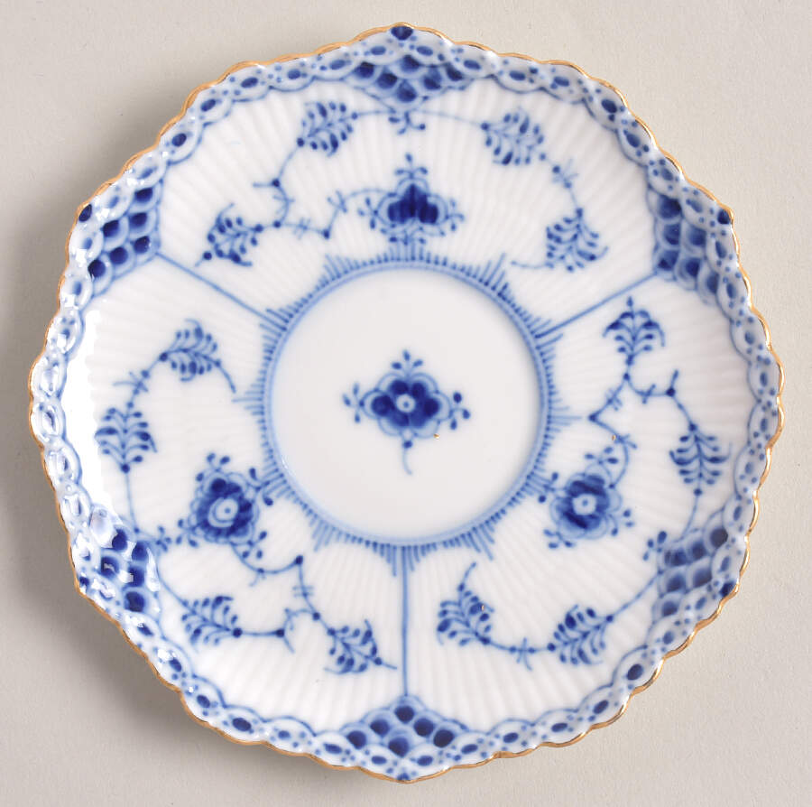 Blue Fluted Full Lace (Gold Trim) Saucer for Flat Demitasse Cup by Royal Copenhagen-1
