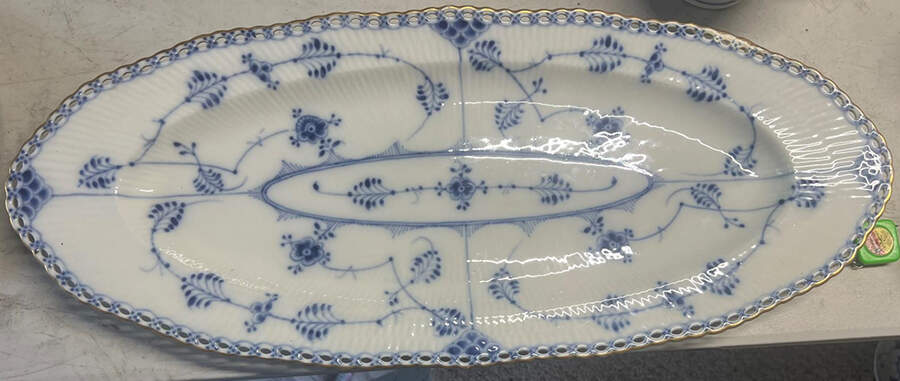 Blue Fluted Full Lace (Gold Trim) 24" Fish Platter by Royal Copenhagen-1