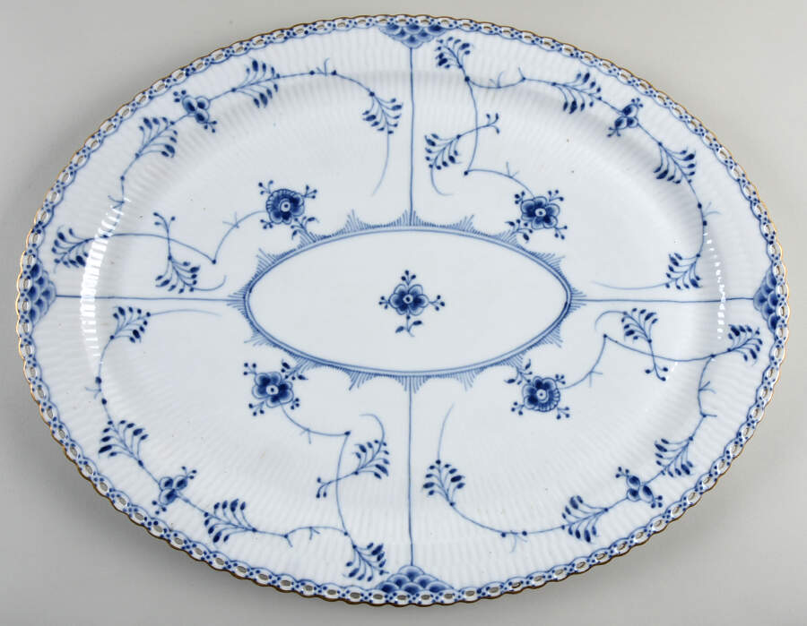 Blue Fluted Full Lace (Gold Trim) 18" Oval Serving Platter by Royal Copenhagen-1
