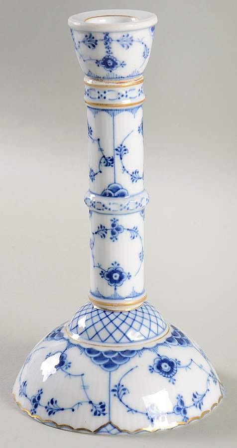 Blue Fluted Full Lace (Gold Trim) Tall Candlestick by Royal Copenhagen-1