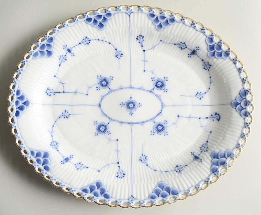 Blue Fluted Full Lace (Gold Trim) 12" Oval Serving Platter by Royal Copenhagen-1