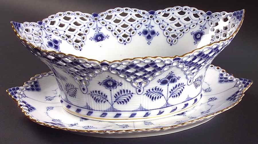 Blue Fluted Full Lace (Gold Trim) Oval Fruit Basket and Stand by Royal Copenhagen-1