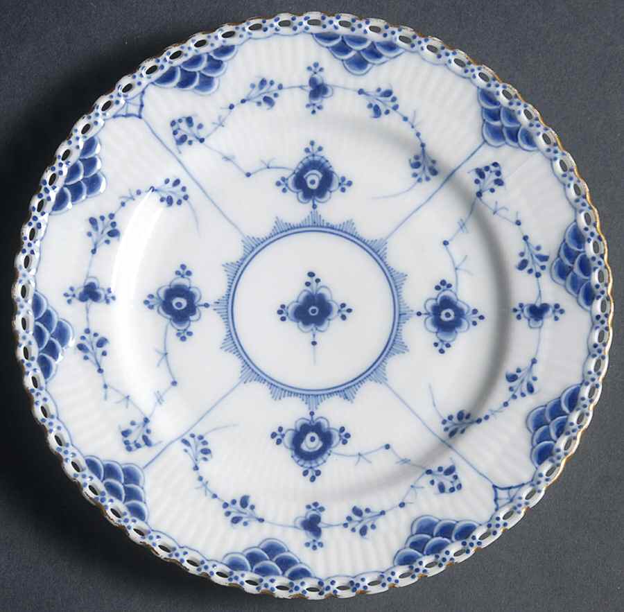 Blue Fluted Full Lace (Gold Trim) Dessert/Pie Plate by Royal Copenhagen-1