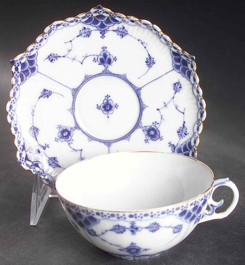 Blue Fluted Full Lace (Gold Trim) Flat Cup & Saucer Set by Royal Copenhagen-1