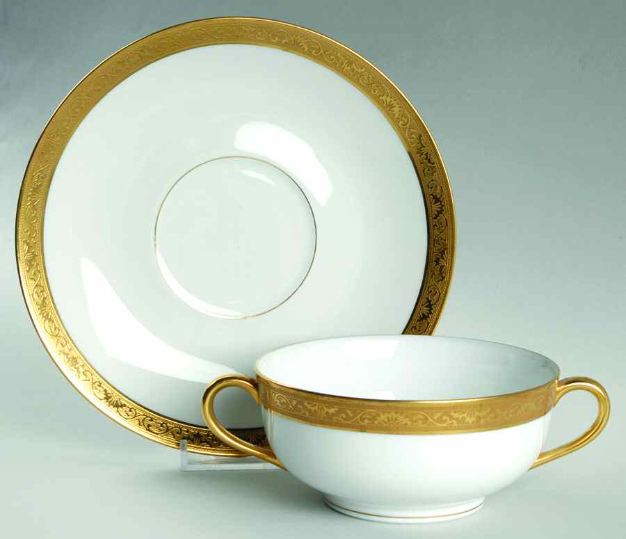 Ambassador Gold (White) Flat Cream Soup Bowl & Saucer Set by Raynaud-1