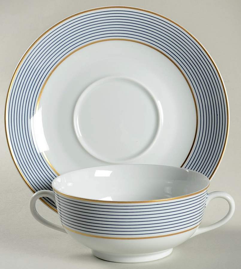 Crinoline Blue Flat Cream Soup Bowl & Saucer Set by Raynaud-1