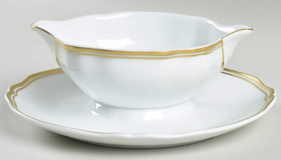 Polka White (Gold Trim) Gravy Boat with Attached Underplate by Raynaud-1
