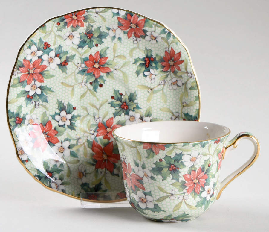 Christmas Chintz (Earthenware, Circa1995) Flat Cup & Saucer Set by Royal Winton-1