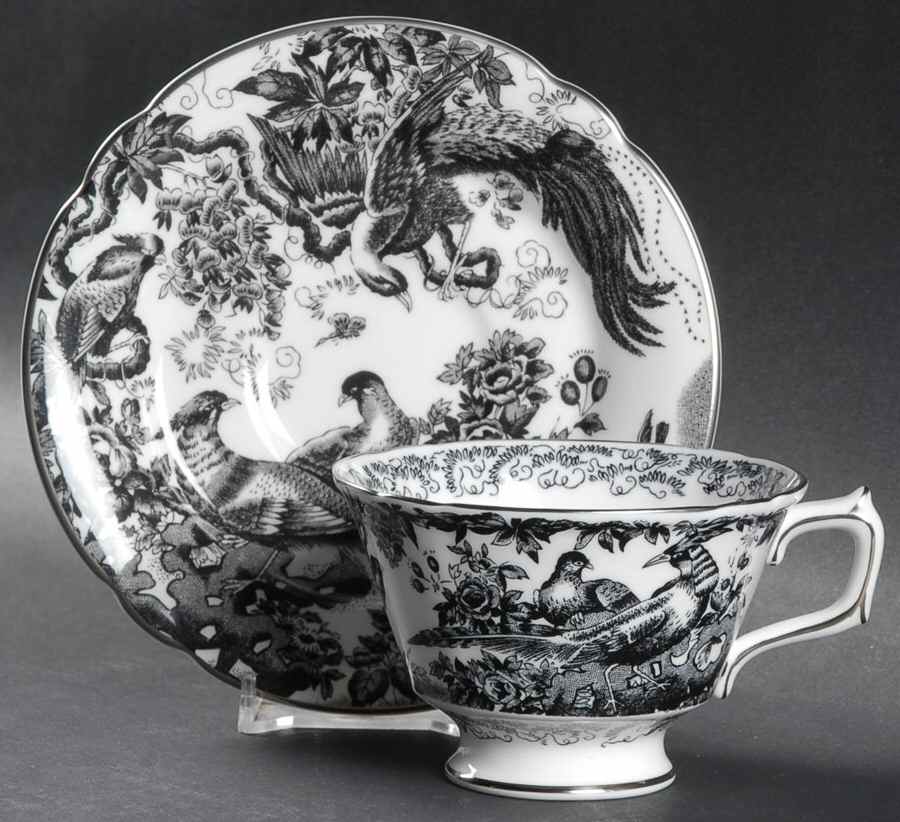 Black Aves (Platinum Trim) Footed Cup & Saucer Set by Royal Crown Derby-1
