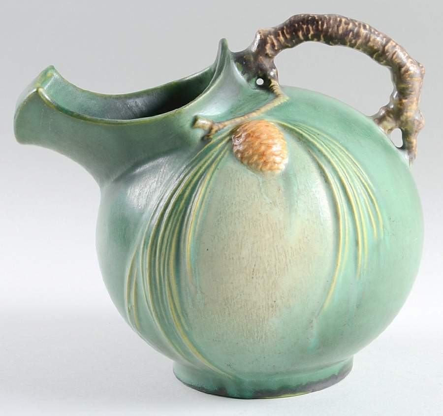 Pinecone Green Ice Lipped Pitcher by Roseville-1