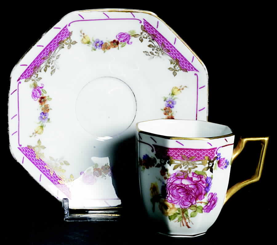 King's Rose (White Background, Octagonal, Stripes) Flat Demitasse Cup & Saucer Set by Rosenthal - Continental-1