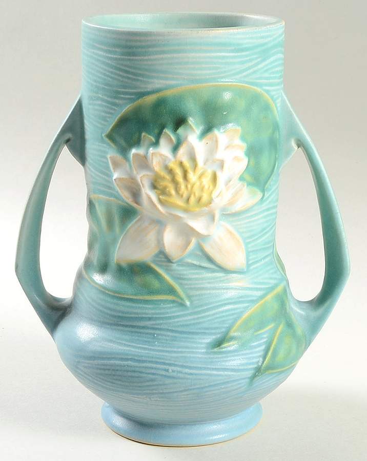 Water Lily Blue 8" Handled Vase by Roseville-1