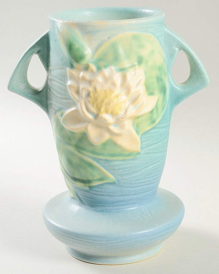 Water Lily Blue 7" Handled Vase by Roseville-1