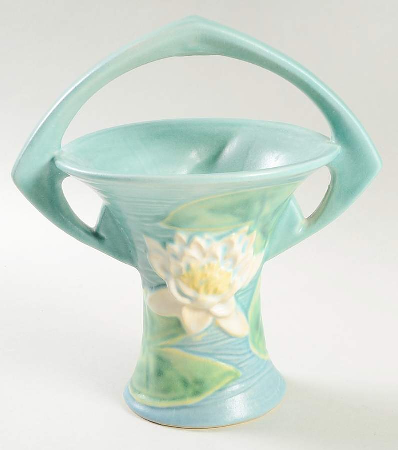 Water Lily Blue 8" Handled Basket by Roseville-1