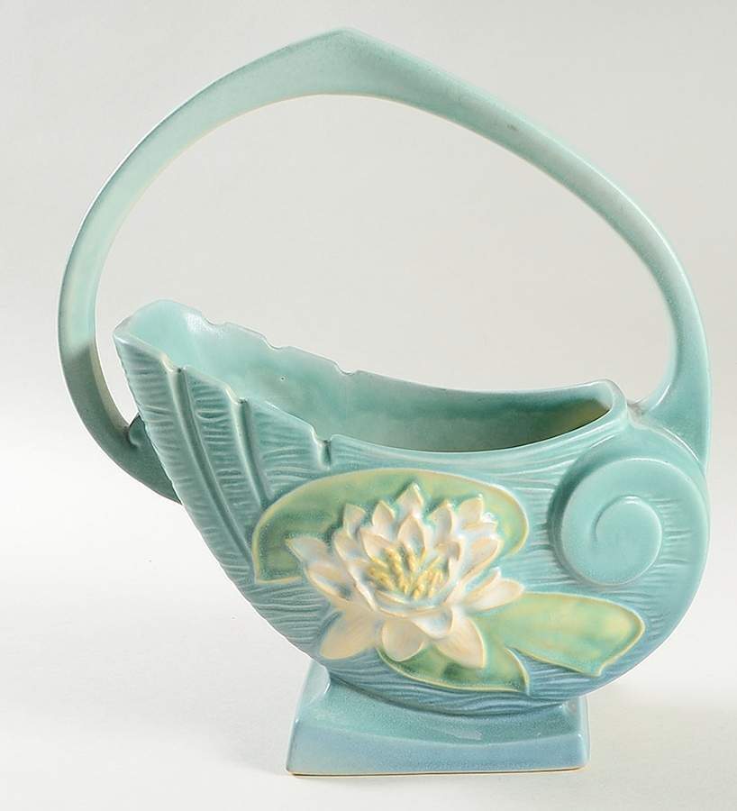 Water Lily Blue 10" Handled Basket by Roseville-1