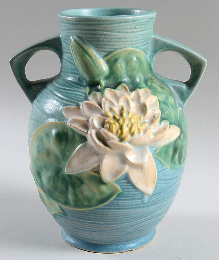 Water Lily Blue 8" Handled Vase by Roseville-1