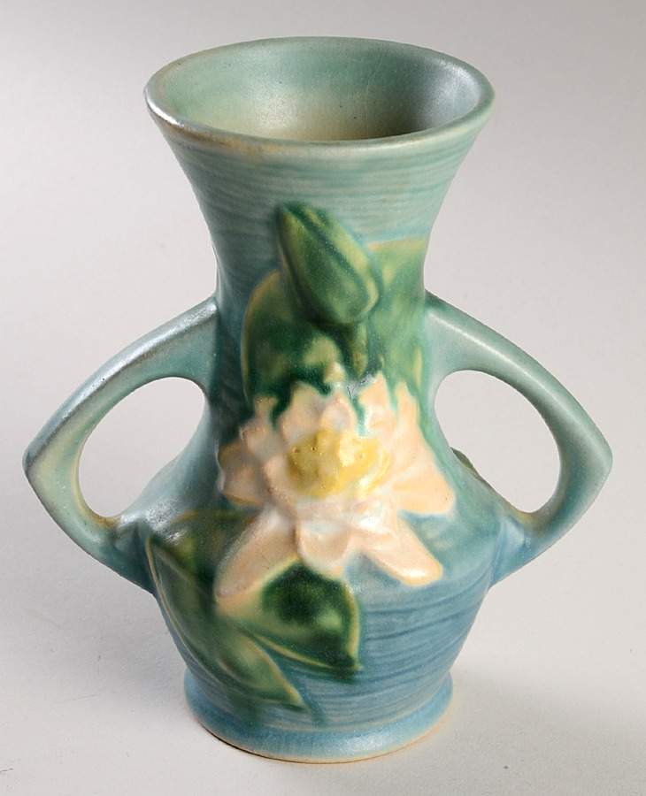 Water Lily Blue 6" Handled Vase by Roseville-1