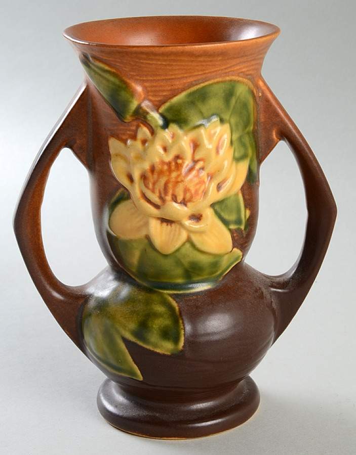 Water Lily Brown 7" Handled Vase by Roseville-1