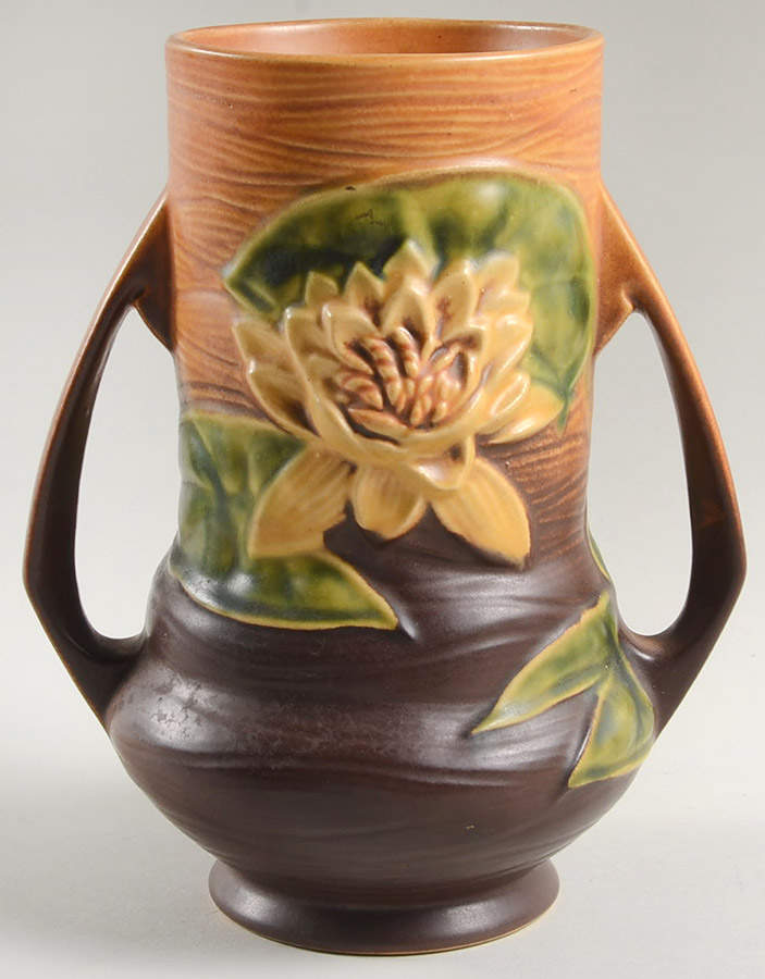 Water Lily Brown 8" Handled Vase by Roseville-1