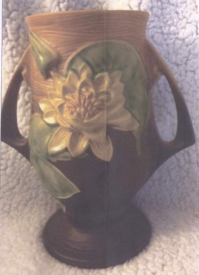 Water Lily Brown 9" Handled Vase by Roseville-1