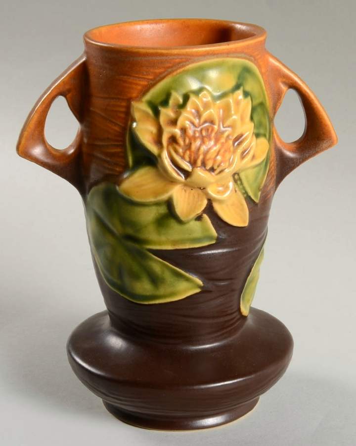 Water Lily Brown 7" Handled Vase by Roseville-1