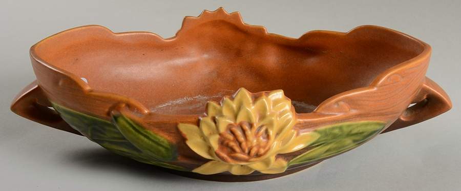 Water Lily Brown 10" Oval Handled Bowl by Roseville-1