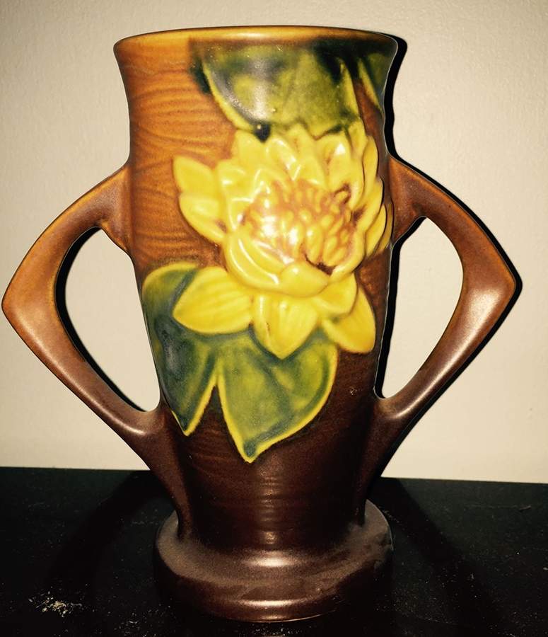 Water Lily Brown 6" Handled Vase by Roseville-1