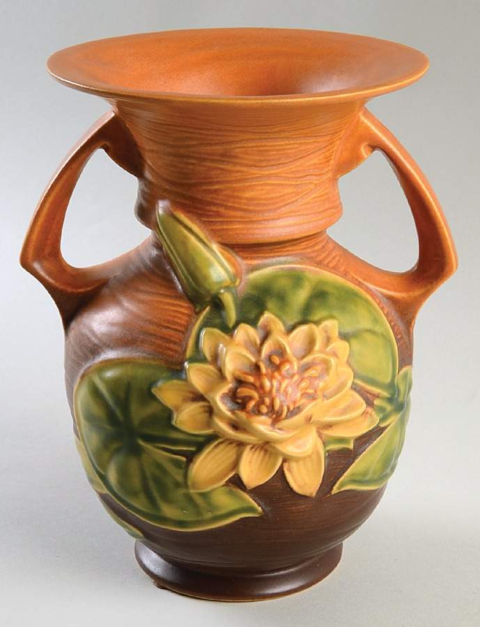 Water Lily Brown 9" Handled Vase by Roseville-1