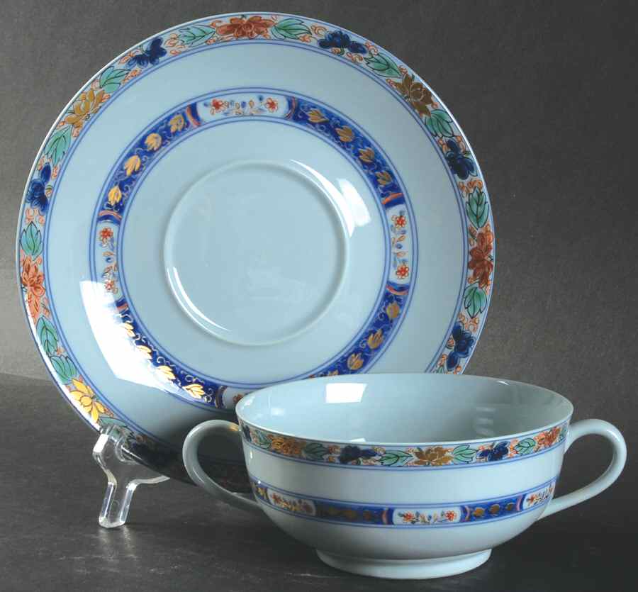 Koutani (Celadon Backgorund) Footed Cream Soup Bowl & Saucer Set by Raynaud-1