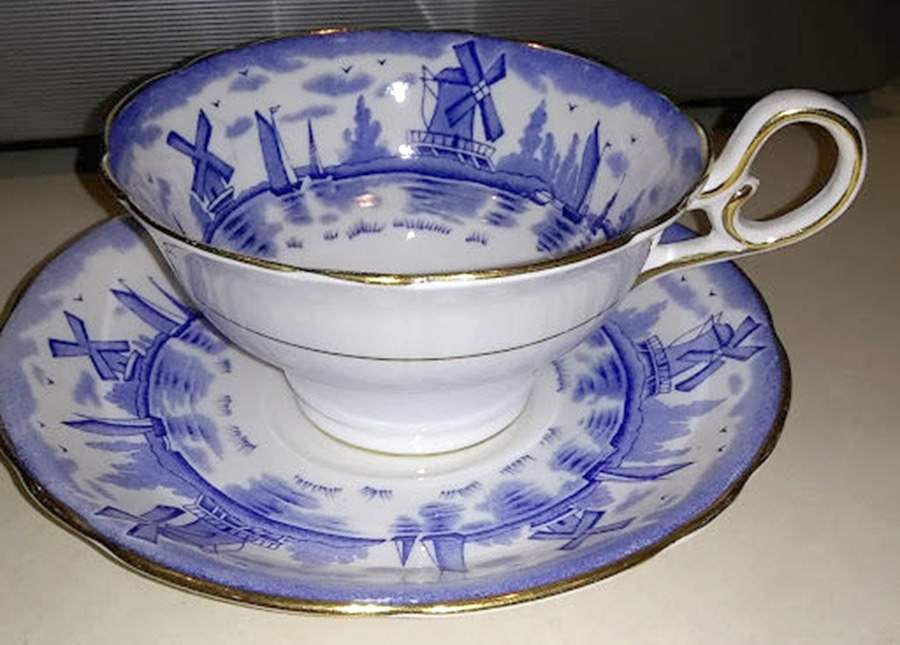 Blue Windmill Footed Cup & Saucer Set by Royal Stafford-1