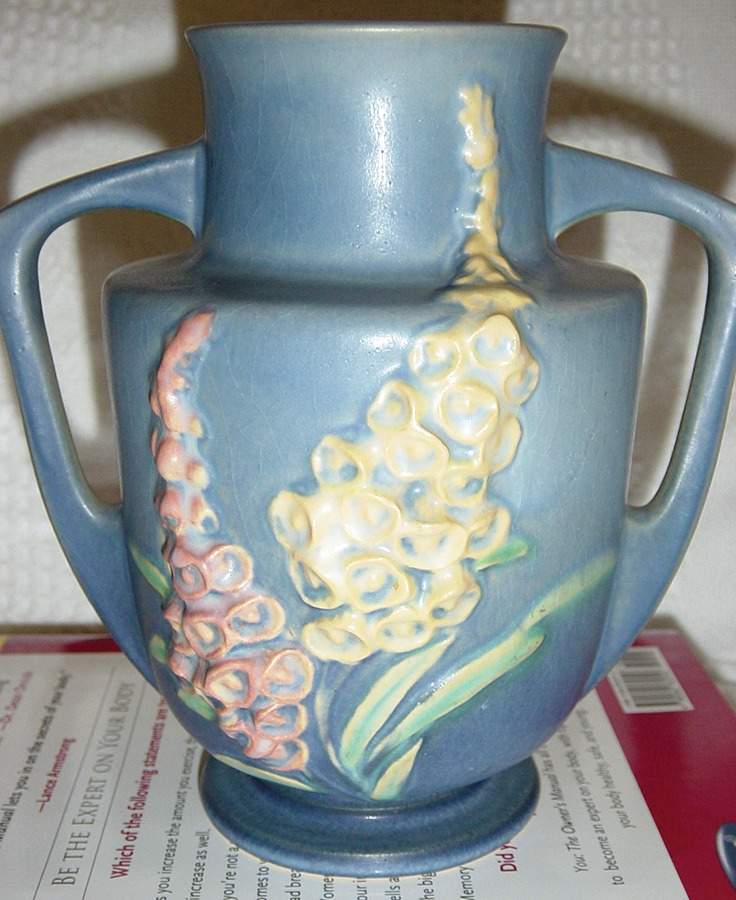 Foxglove Blue 7" Handled Vase by Roseville-1