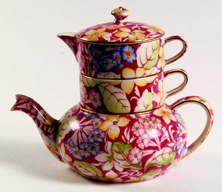 Spring Glory Burgundy Mini Teapot Stacking Set (Creamer, Sugar) by Royal Winton-1