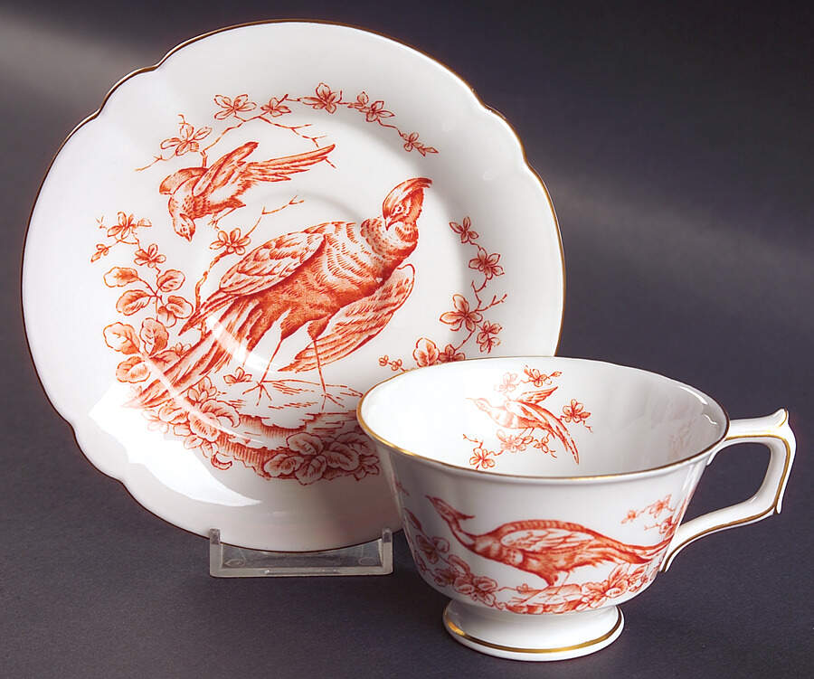 Chelsea Bird Rust Orange Footed Cup & Saucer Set by Royal Crown Derby-1