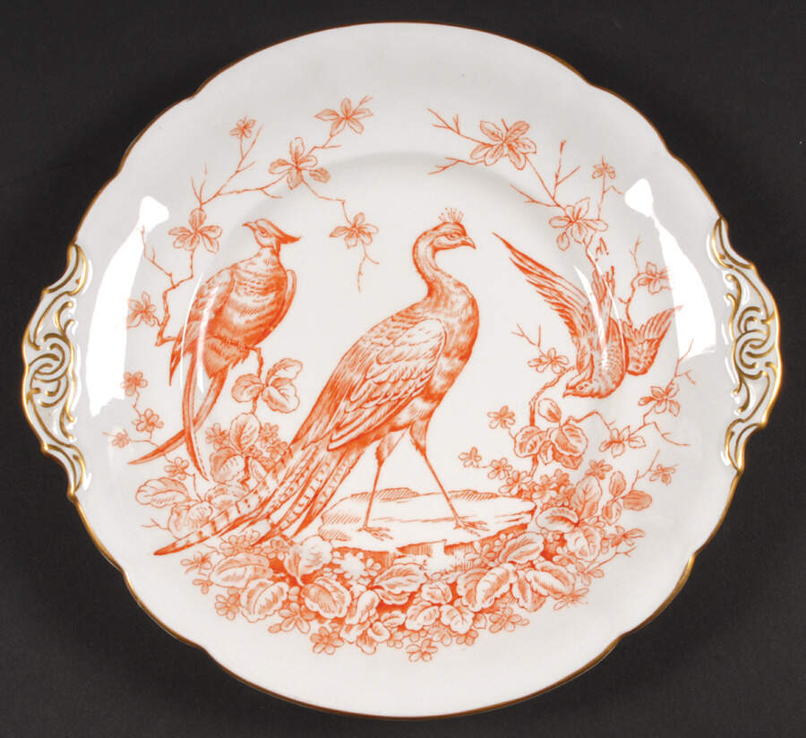 Chelsea Bird Rust Orange Handled Cake/Pastry Plate by Royal Crown Derby-1