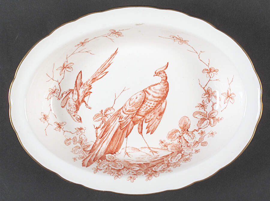 Chelsea Bird Rust Orange 9" Oval Vegetable Bowl by Royal Crown Derby-1