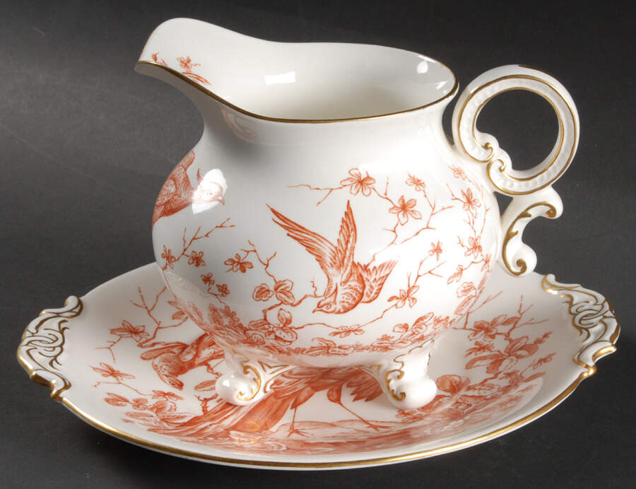 Chelsea Bird Rust Orange Gravy Boat & Underplate by Royal Crown Derby-1