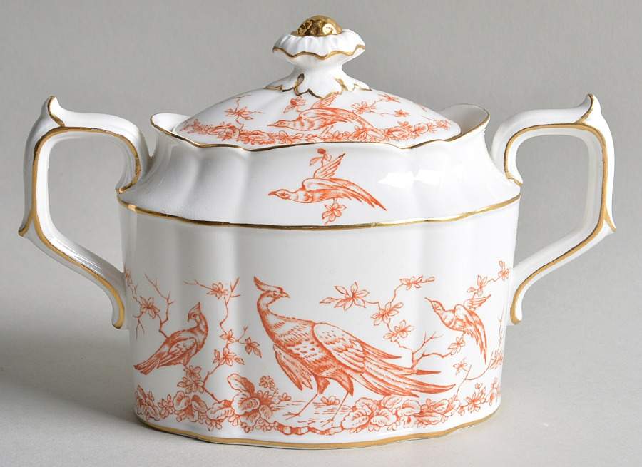 Chelsea Bird Rust Orange Sugar Bowl & Lid by Royal Crown Derby-1
