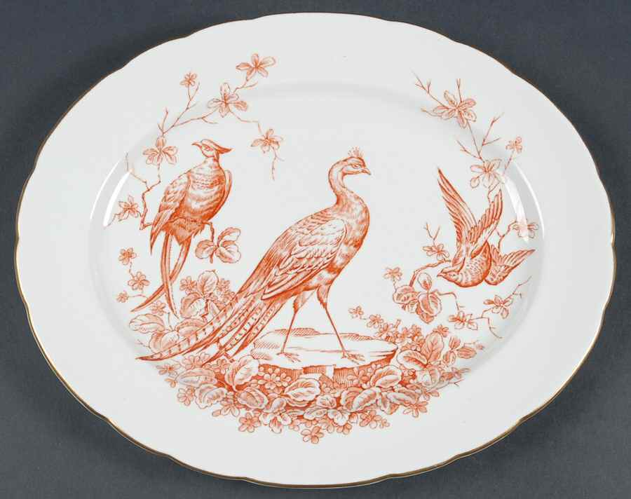 Chelsea Bird Rust Orange 11" Oval Serving Platter by Royal Crown Derby-1