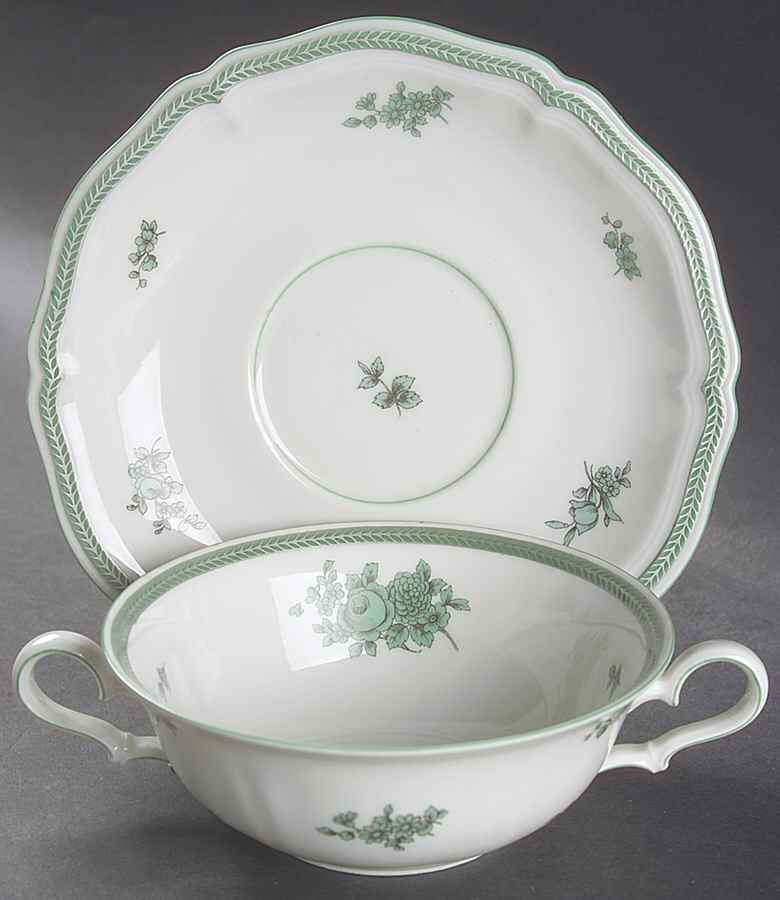 Green Bloom (Green Trim) Flat Cream Soup Bowl & Saucer Set by Rosenthal - Continental-1