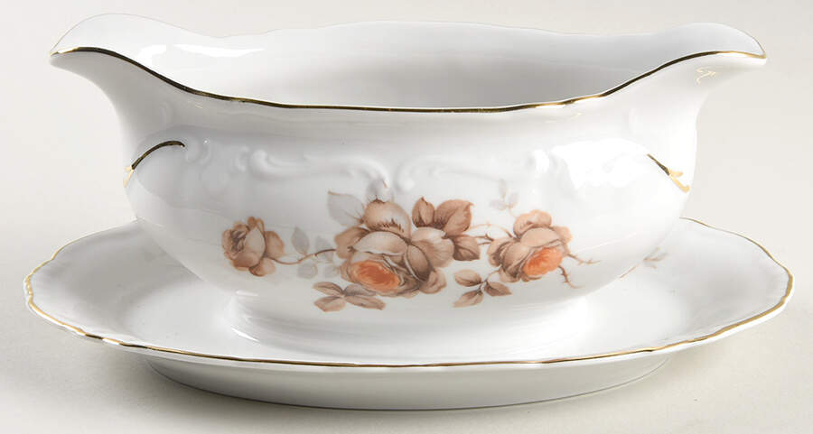 Brown Rose (Gold Trim) Gravy Boat with Attached Underplate by Royal Heidelberg-1
