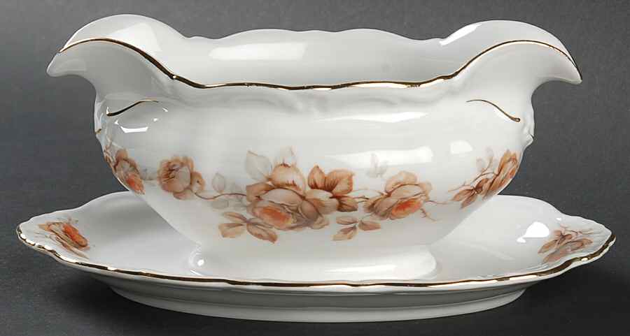 Brown Rose (Gold Trim) Gravy Boat with Attached Underplate by Royal Heidelberg-1