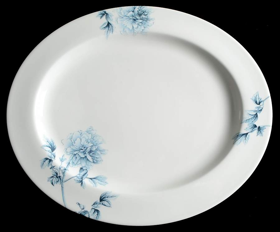 Blue Peony (Bone) 16" Oval Serving Platter by Royal Worcester-1