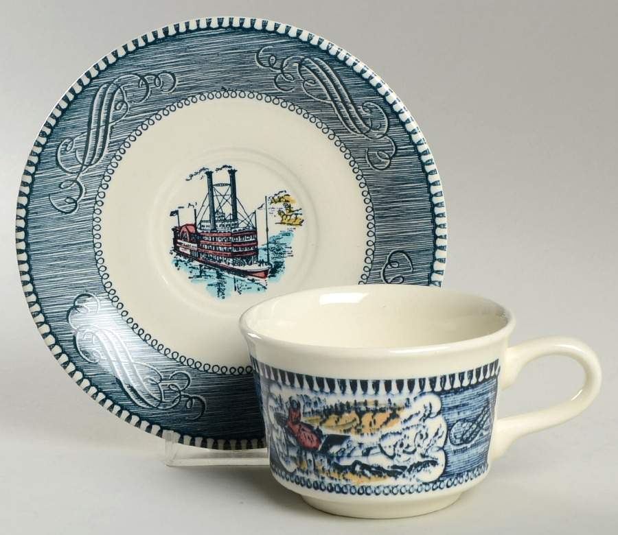 Currier and Ives Blue Multicolor Flat Cup & Saucer Set by Royal (USA)-1
