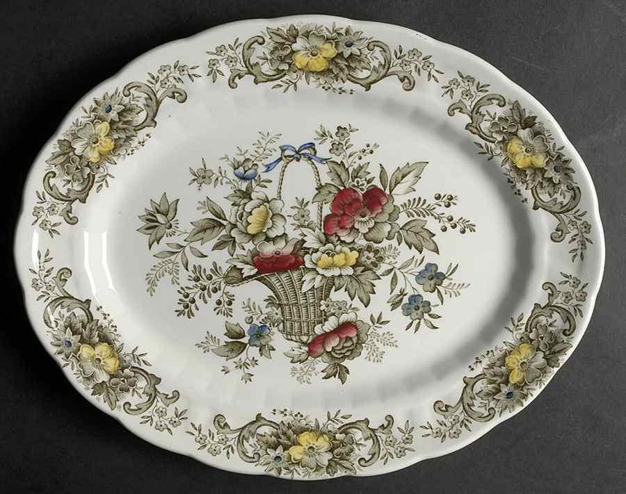 Old English Bouquet Green Multicolor 12" Oval Serving Platter by Ridgway (Ridgways)-1