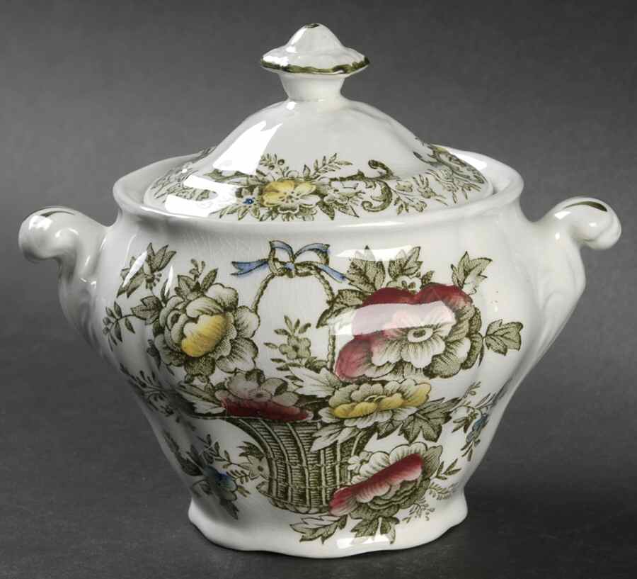 Old English Bouquet Green Multicolor Sugar Bowl & Lid by Ridgway (Ridgways)-1