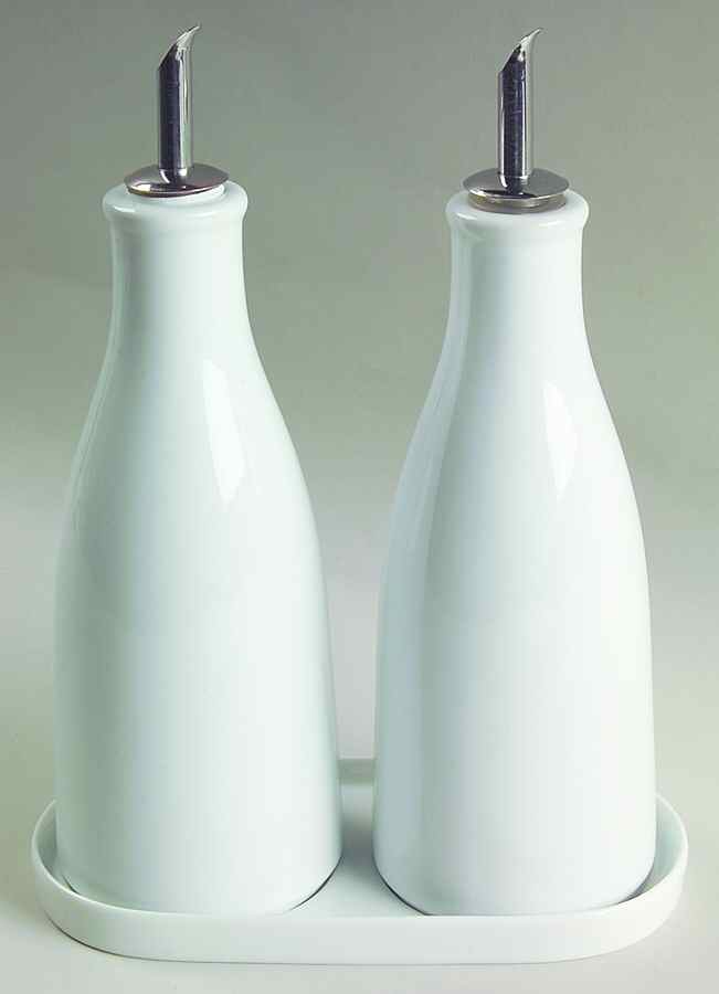 Whiteware (Round) Set of 2 Oil/Vinegar Jars W/Drizzle Spouts on Tray by Royal Limited-1