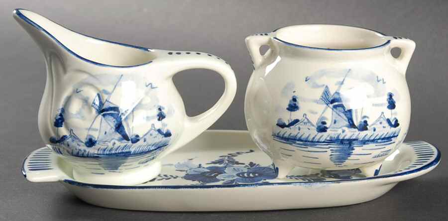 Delfts Blauw Individual Creamer & Open Sugar W/Tray by Regina (Holland)-1