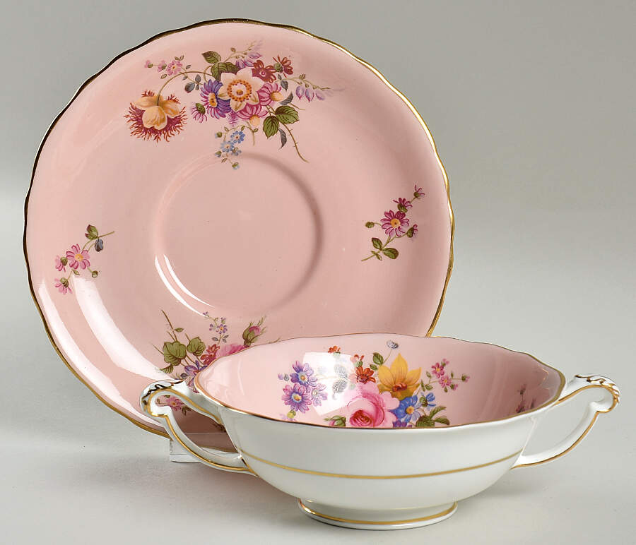 Posie Ely Chelsea (Pink Background) Footed Cream Soup Bowl & Saucer Set by Royal Crown Derby-1