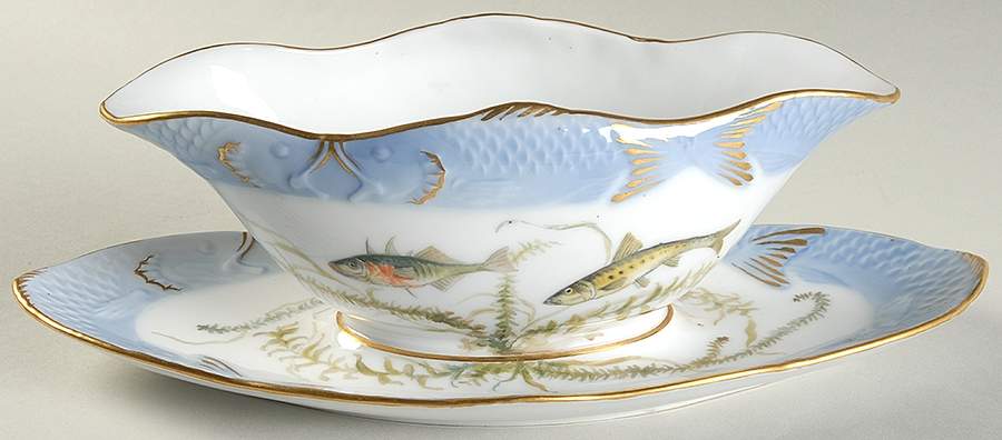 Fish Service (Blue Border) Gravy Boat with Attached Underplate by Royal Copenhagen-1