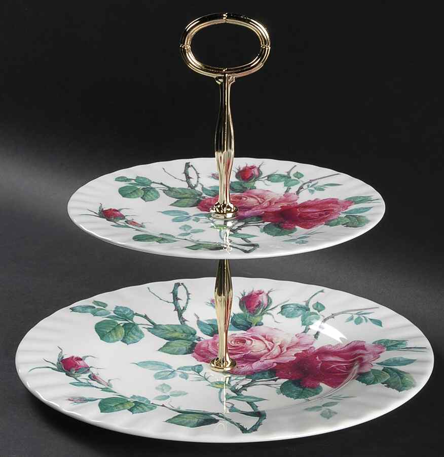 English Rose (Ribbed, No Trim) 2 Tiered Serving Tray (Dinner & Salad Plate) by Roy Kirkham-1